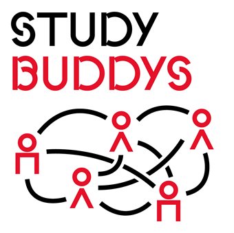 Überschrift "Study Buddys" mit darunterliegender Grafik, auf der verschiedene Strichmännchen untereinander mit Strichen verbunden sind